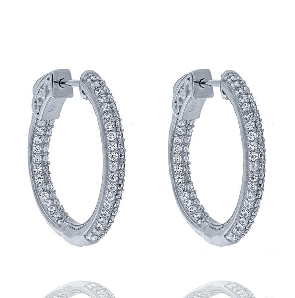 ZDE5000 STERLING SILVER 925 RHODIUM PLATED FINISH WHITE CZ HOOP EARRINGS 25MM