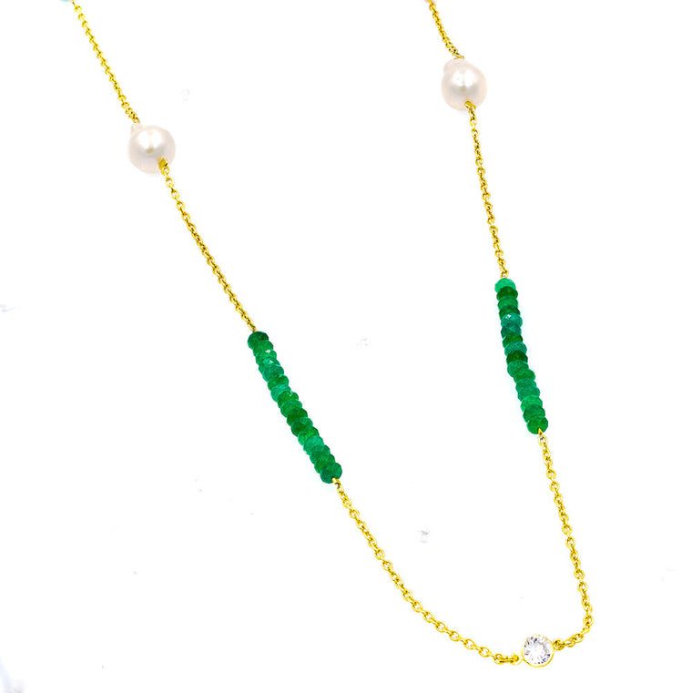 ZDN1860-GRN STERLING SILVER 925 GOLD PLATED PEARL / JADE WITH 5MM BEZEL CZ BY THE YARD NECKLACE 42