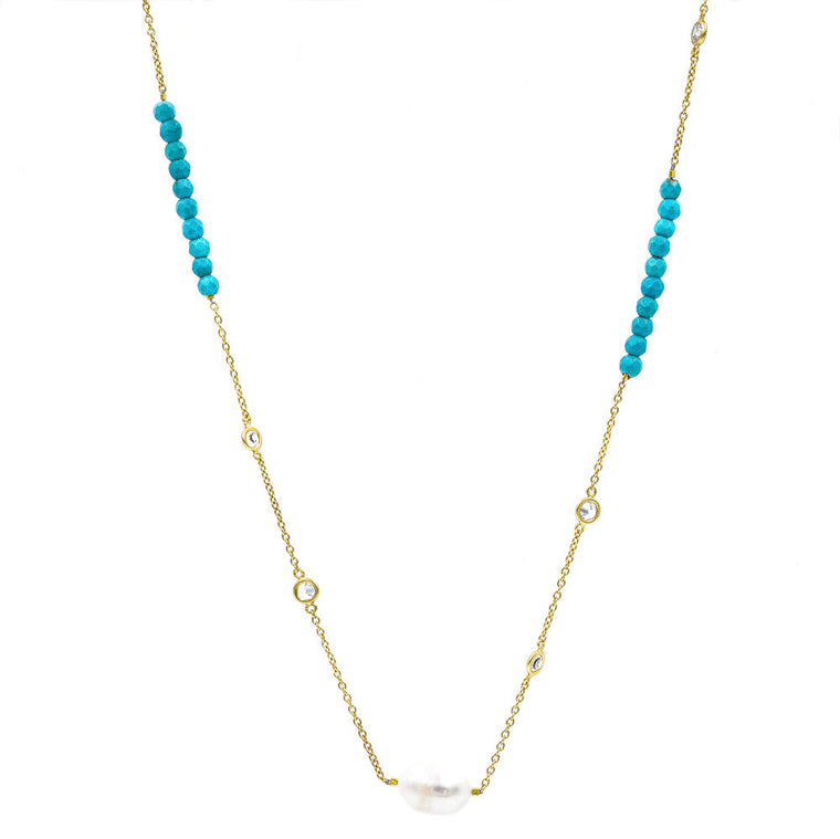 ZDN1860-TRQ STERLING SILVER 925 GOLD PLATED PEARL / JADE WITH 5MM BEZEL CZ BY THE YARD NECKLACE 42