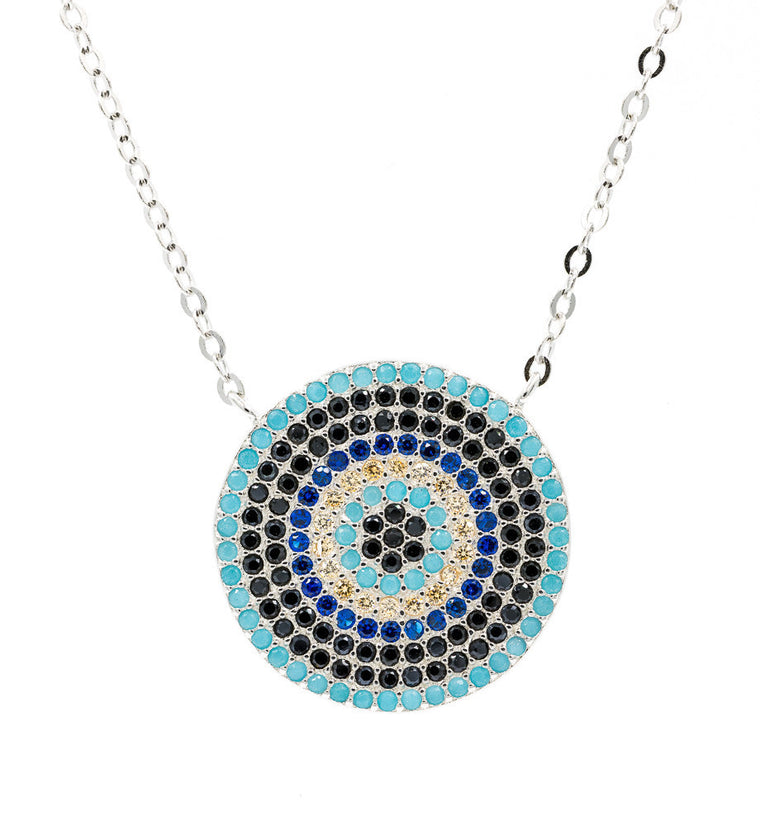 ZDN213 STERLING SILVER 925 RHODIUM PLATED FINISH  19MM ROUND  EVIL EYE NECKLACE 16