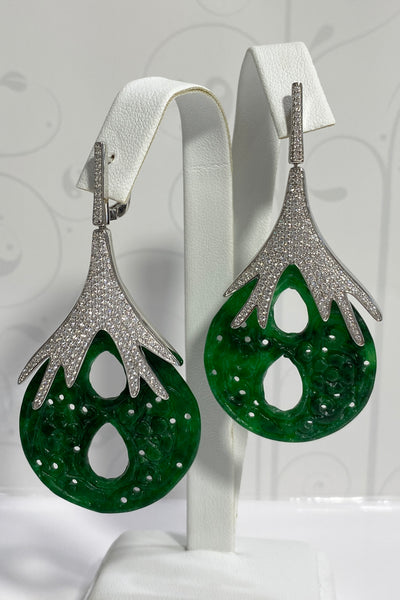 ER1882 STERLING SILVER 925 RHODIUM PLATED FINISH GREEN JADE DROP EARRINGS