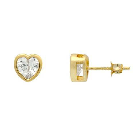 ZDE94037-G STERLING SILVER 925 GOLD PLATED 7MM HEART BEZEL SET CZ STUD EARRINGS