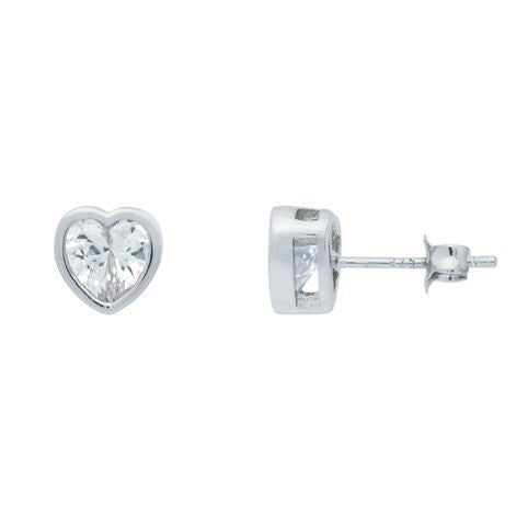 ZDE94037 STERLING SILVER 925 RHODIUM PLATED FINISH 7MM HEART BEZEL SET CZ STUD EARRINGS