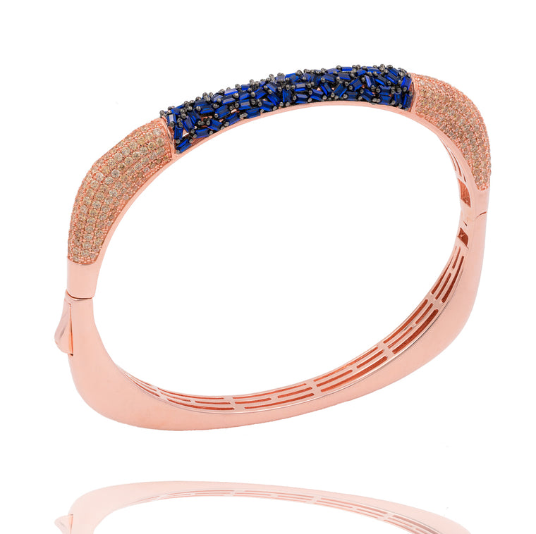 BA2224NC-R STERLING SILVER 925 GOLD PLATED FINISH SAPPHIRE COLOR BAGUETTE AND CZ BANGLE