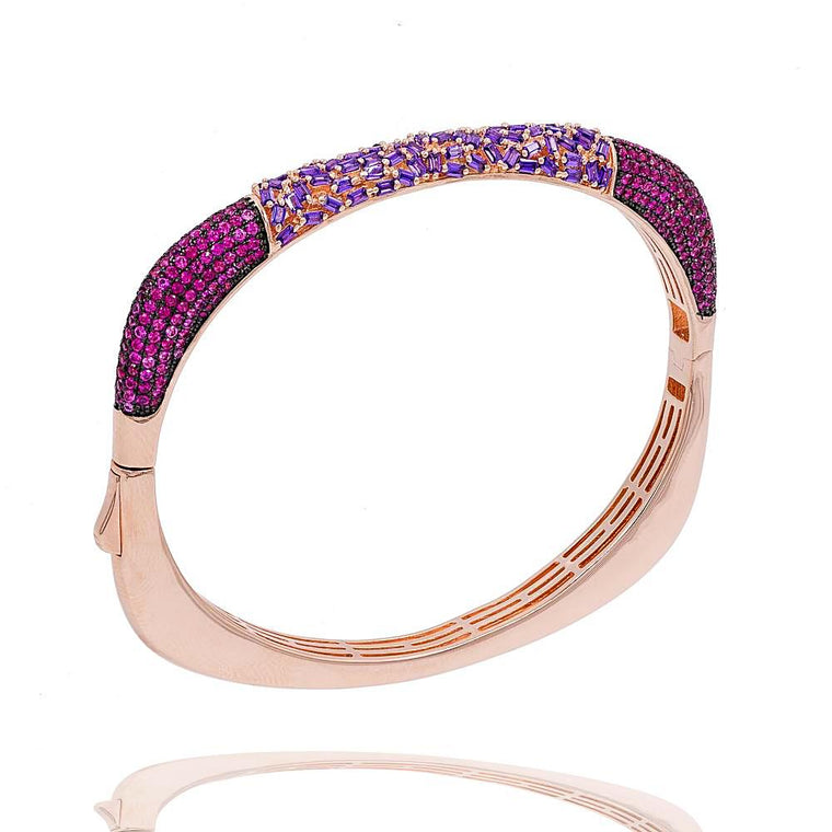 BA2224PR-R STERLING SILVER 925 ROSE GOLD PLATED FINISH LAVENDER COLOR BAGUETTE AND CZ BANGLE