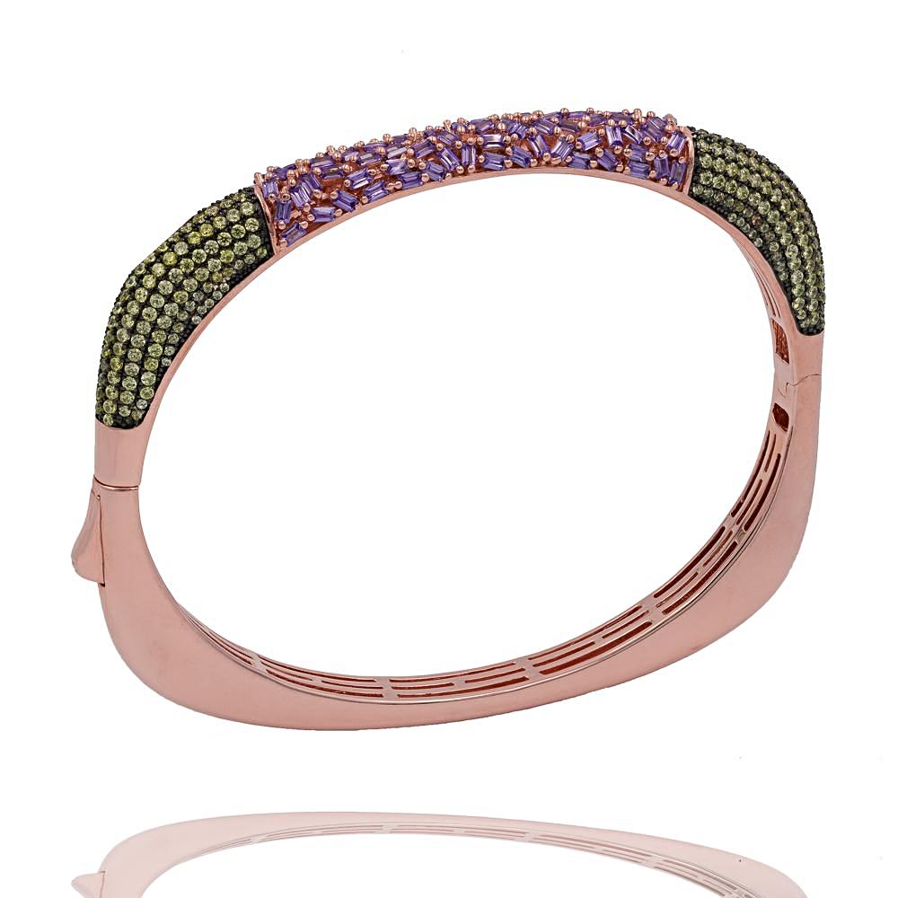 BA2224PY-R STERLING SILVER 925 GOLD PLATED FINISH LAVENDER COLOR BAGUETTE AND CZ BANGLE