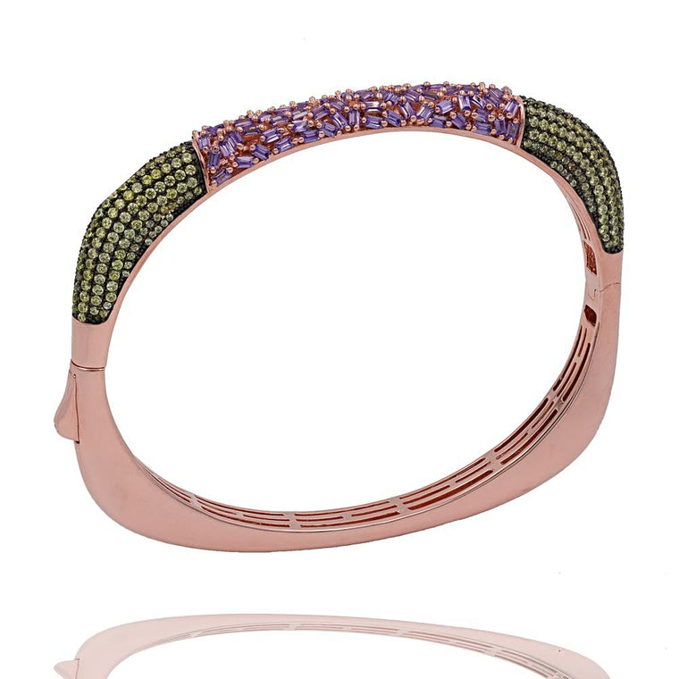 BA2224PY-R STERLING SILVER 925 GOLD PLATED FINISH LAVENDER COLOR BAGUETTE AND CZ BANGLE
