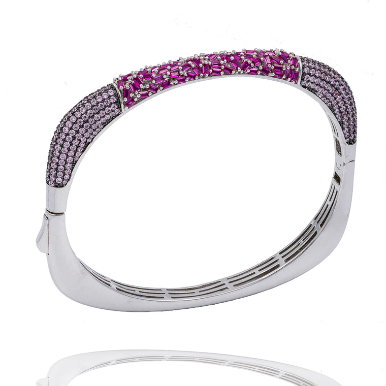 BA2224RI STERLING SILVER 925 RHODIUM PLATED FINISH RUBY COLOR BAGUETTE AND CZ BANGLE