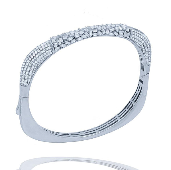 BA2224W STERLING SILVER 925 RHODIUM PLATED FINISH CLEAR BAGUETTE AND CZ  BANGLE