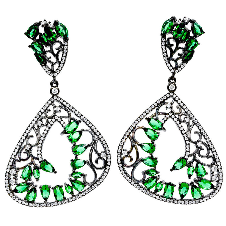 ER1811G-B STERLING SILVER 925 BLACK RHODIUM PLATED ELEGANT EMERALD COLOR  DROP CZ EARRINGS