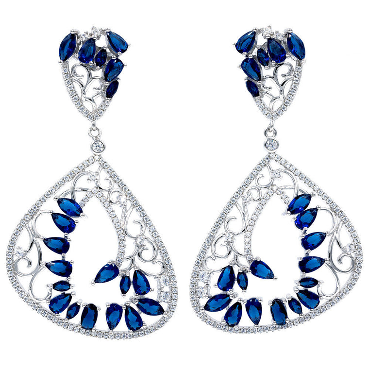 ER1811N STERLING SILVER 925 RHODIUM PLATED ELEGANT BLUE SAPPHIRE  DROP CZ EARRINGS