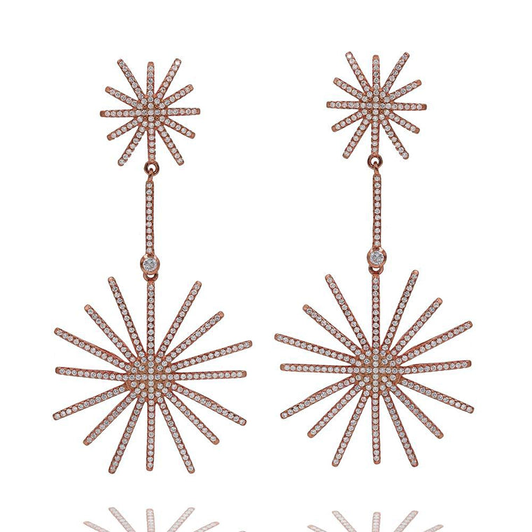 ER1877W-R STERLING SILVER 925 ROSE GOLD PLATED FIRE BURST DESIGN WHITE CZ DROP EARRINGS