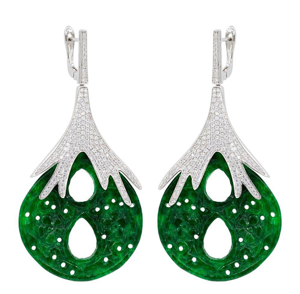 ER1882 STERLING SILVER 925 RHODIUM PLATED FINISH GREEN JADE DROP EARRINGS