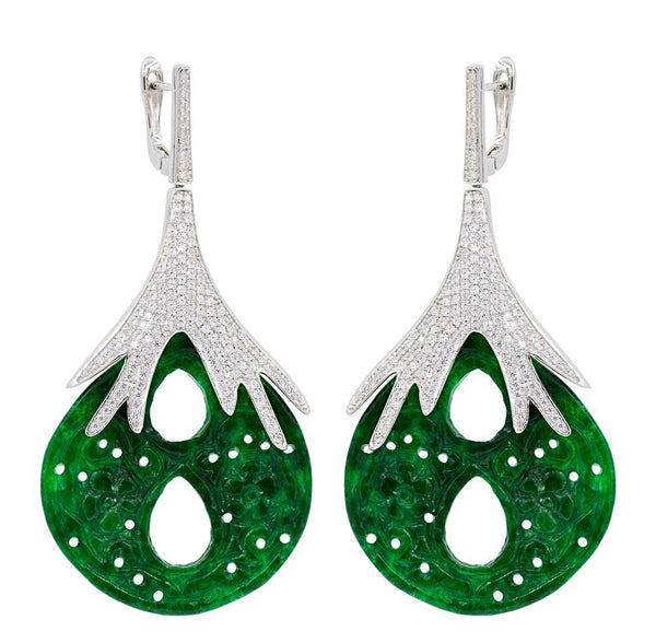 ER1882 STERLING SILVER 925 RHODIUM PLATED FINISH GREEN JADE DROP EARRINGS