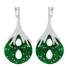 ER1882 STERLING SILVER 925 RHODIUM PLATED FINISH GREEN JADE DROP EARRINGS