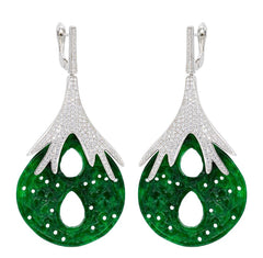 ER1882 STERLING SILVER 925 RHODIUM PLATED FINISH GREEN JADE DROP EARRINGS