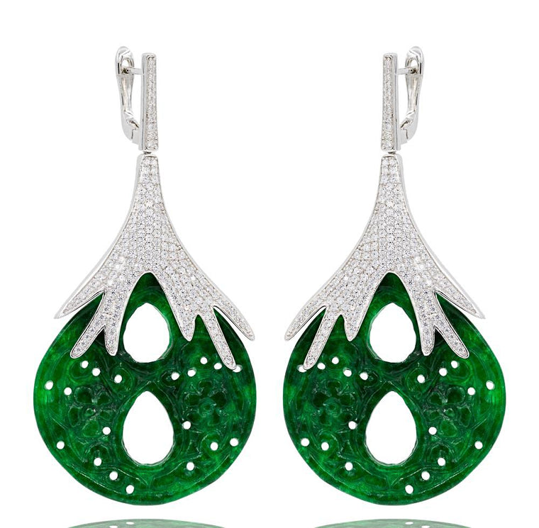 ER1882 STERLING SILVER 925 RHODIUM PLATED GREEN JADE DROP EARRINGS