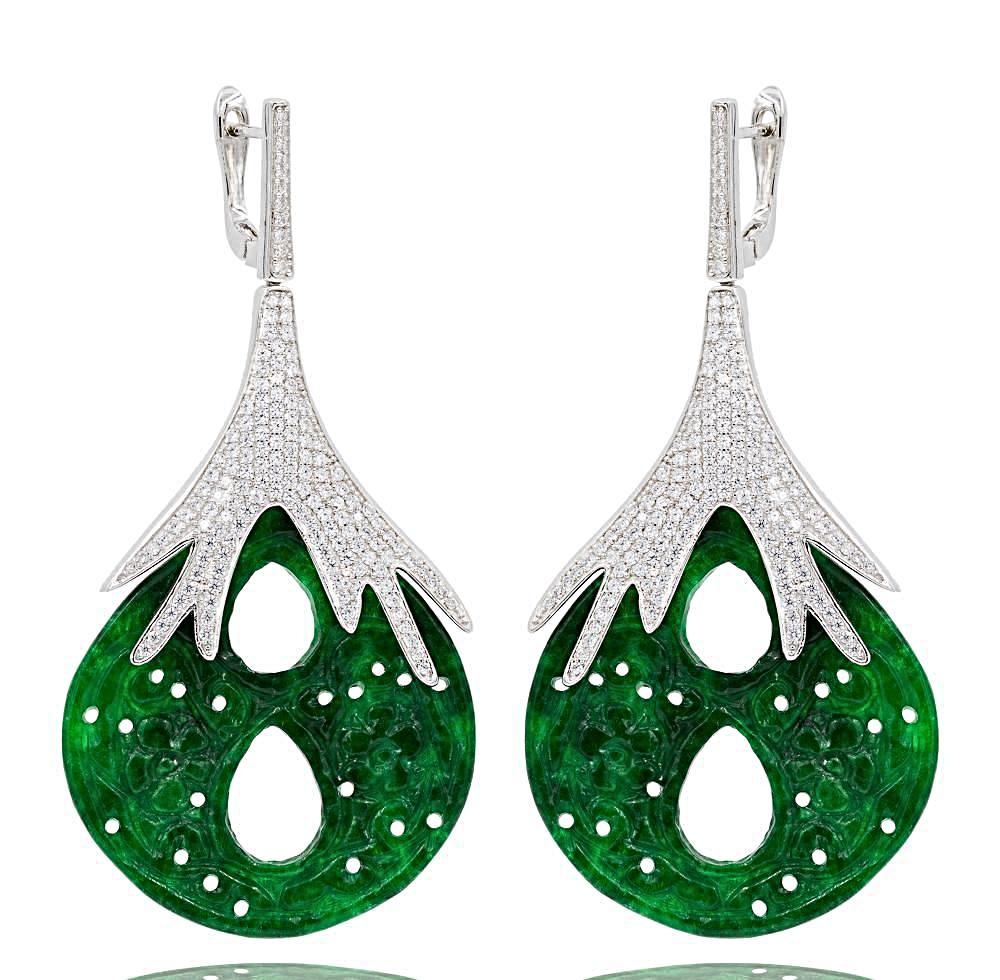 ER1882 STERLING SILVER 925 RHODIUM PLATED FINISH GREEN JADE DROP EARRINGS