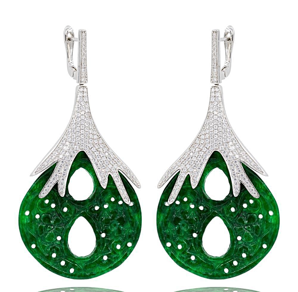 ER1882 STERLING SILVER 925 RHODIUM PLATED FINISH GREEN JADE DROP EARRINGS