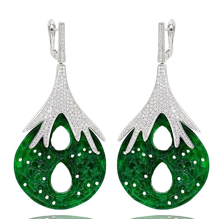 ER1882 STERLING SILVER 925 RHODIUM PLATED FINISH GREEN JADE DROP EARRINGS