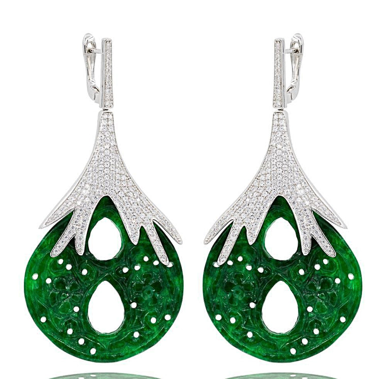 ER1882 STERLING SILVER 925 RHODIUM PLATED FINISH GREEN JADE DROP EARRINGS