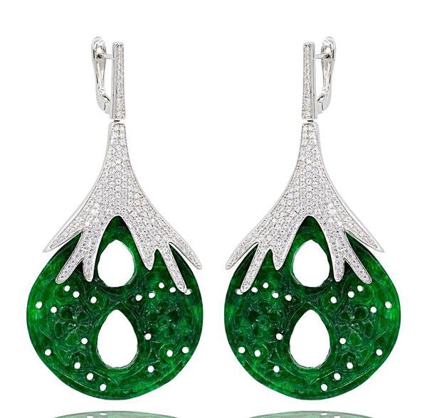 ER1882 STERLING SILVER 925 RHODIUM PLATED FINISH GREEN JADE DROP EARRINGS