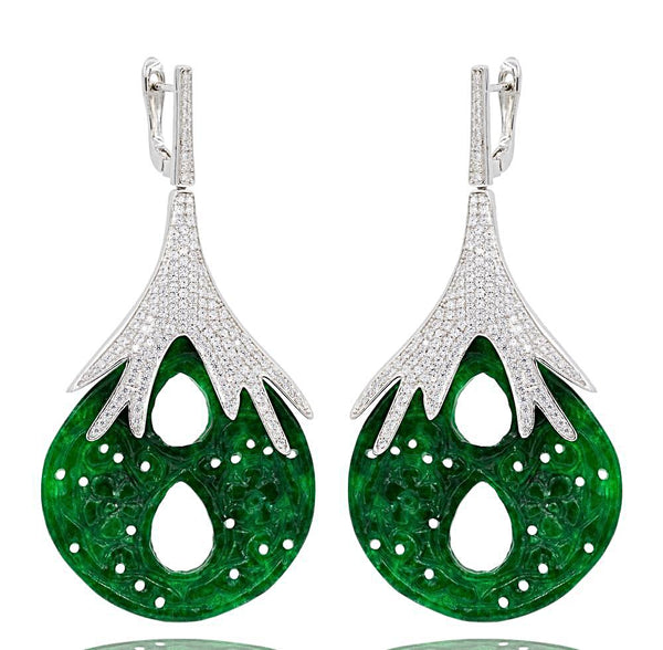 ER1882 STERLING SILVER 925 RHODIUM PLATED FINISH GREEN JADE DROP EARRINGS