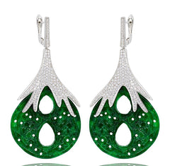 ER1882 STERLING SILVER 925 RHODIUM PLATED FINISH GREEN JADE DROP EARRINGS