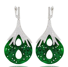 ER1882 STERLING SILVER 925 RHODIUM PLATED FINISH GREEN JADE DROP EARRINGS