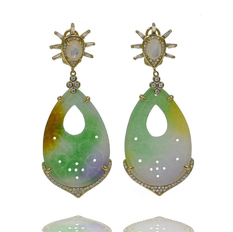 ER1885G-G STERLING SILVER 925 GOLD PLATED GREEN JADE AND MOP DROP EARRINGS