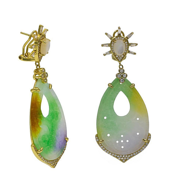 ER1885G-G STERLING SILVER 925 GOLD PLATED GREEN JADE AND MOP DROP EARRINGS