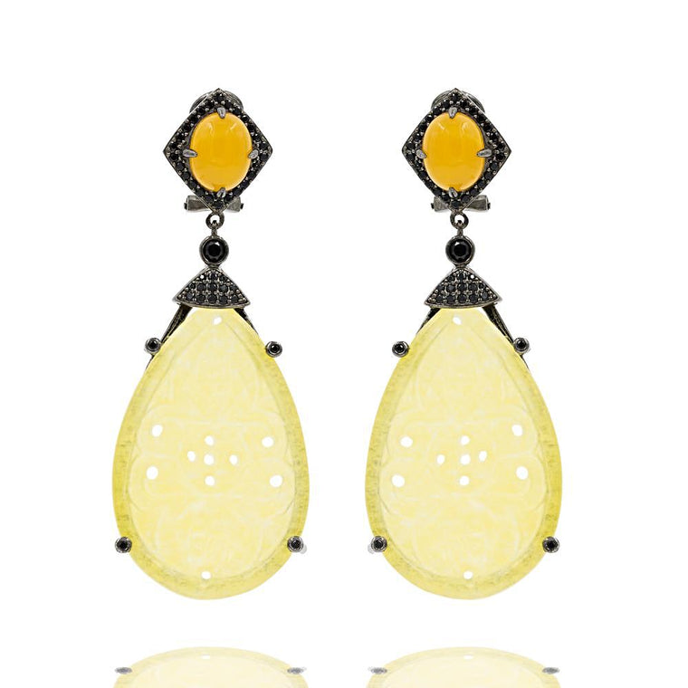 ER1889Y-G STERLING SILVER 925 BLACK RHODIUM PLATED FINISH YELLOW JADE DROP FANCY EARRINGS