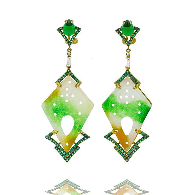 ER1891G-G STERLING SILVER 925 GOLD PLATED GREEN JADE DROP EARRINGS