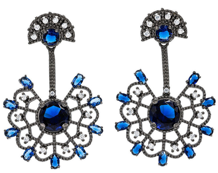 ER1898N-B  STERLING SILVER 925 BLACK RHODIUM ELEGANT BLUE SAPPHIRE  DROP CZ EARRINGS