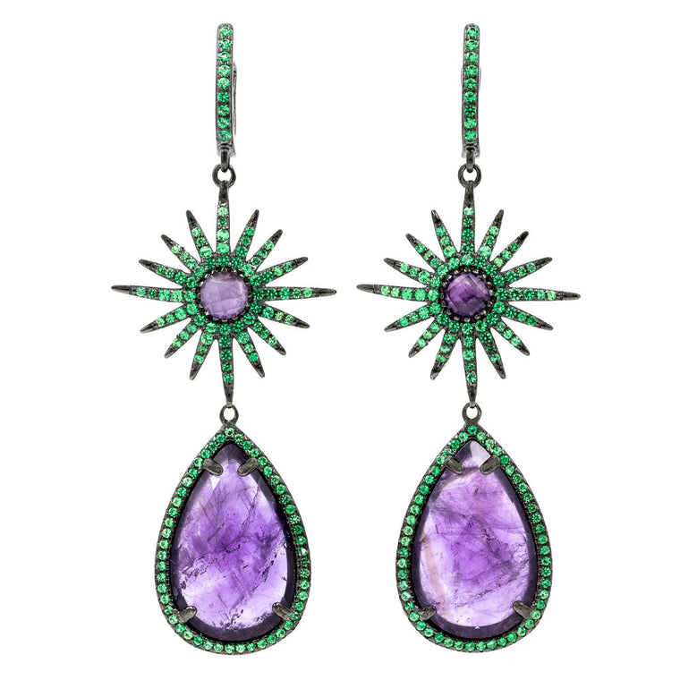 ER1901P-R STERLING SILVER 925 BLACK RHODIUM PLATED FINISH ELEGANT AMETHYST DROP CZ EARRINGS