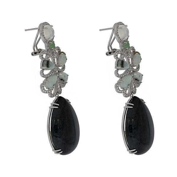 ER1906G STERLING SILVER 925 RHODIUM PLATED FINISH MOSS AGATE DROP FANCY EARRINGS