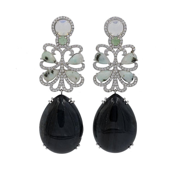 ER1906G STERLING SILVER 925 RHODIUM PLATED FINISH MOSS AGATE DROP FANCY EARRINGS