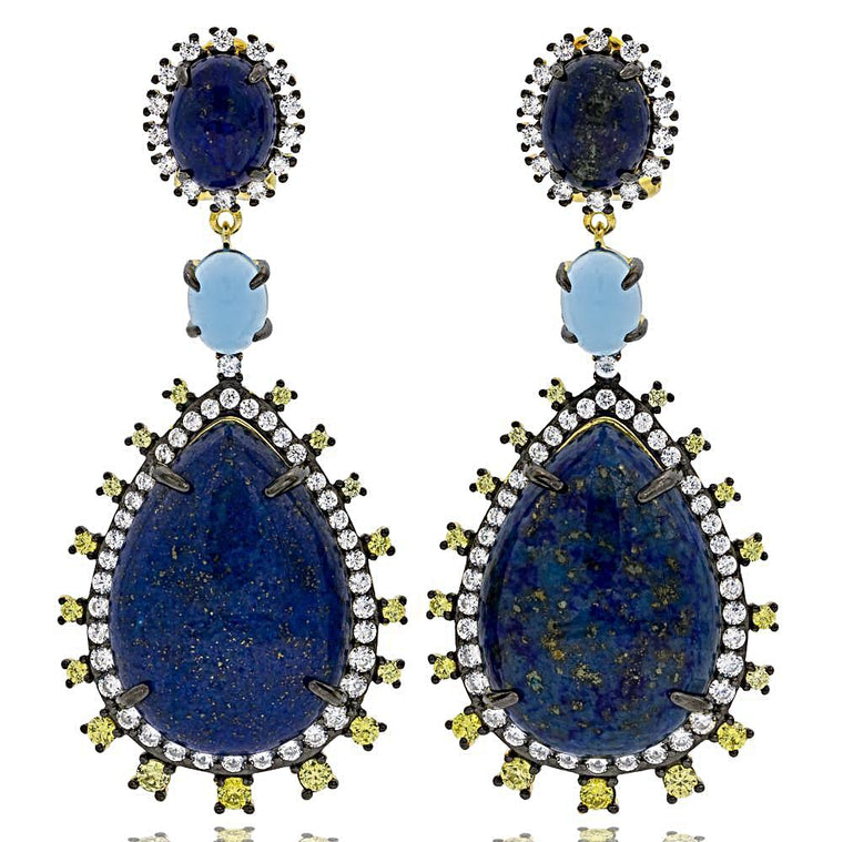 STERLING SILVER 925 GOLD PLATED FINISH LAPIS LAZULI FANCY DROP EARRINGS