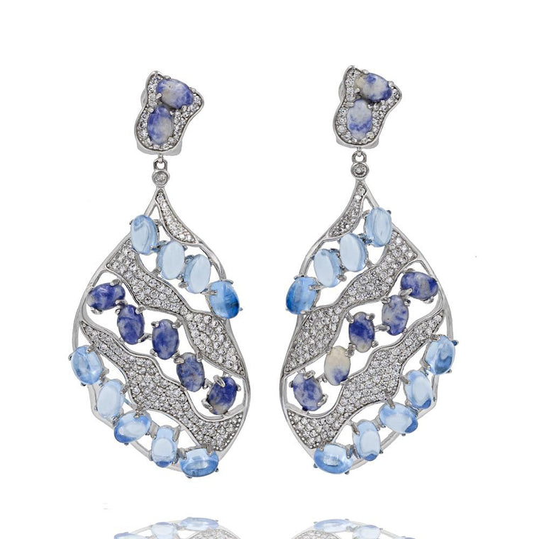 ER1929TN STERLING SILVER 925 RHODIUM PLATED FINISH SODALITE ELEGANT DROP CZ EARRINGS
