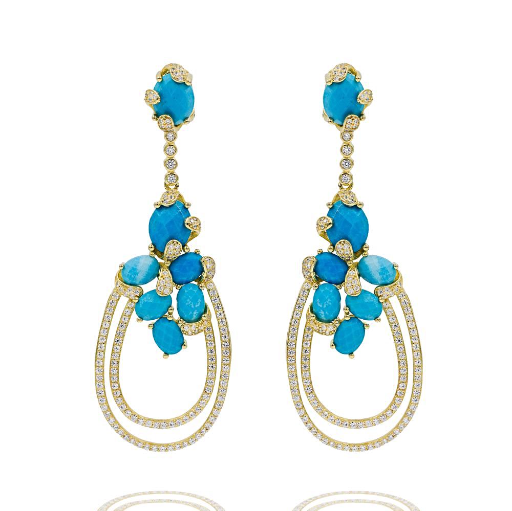 ER1942D-G STERLING SILVER 925 GOLD PLATED TURQUOISE CZ DROP EARRINGS
