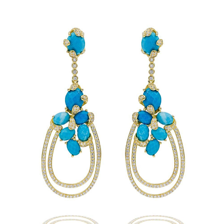 ER1942D-G STERLING SILVER 925 GOLD PLATED FINISH TURQUOISE CZ DROP EARRINGS