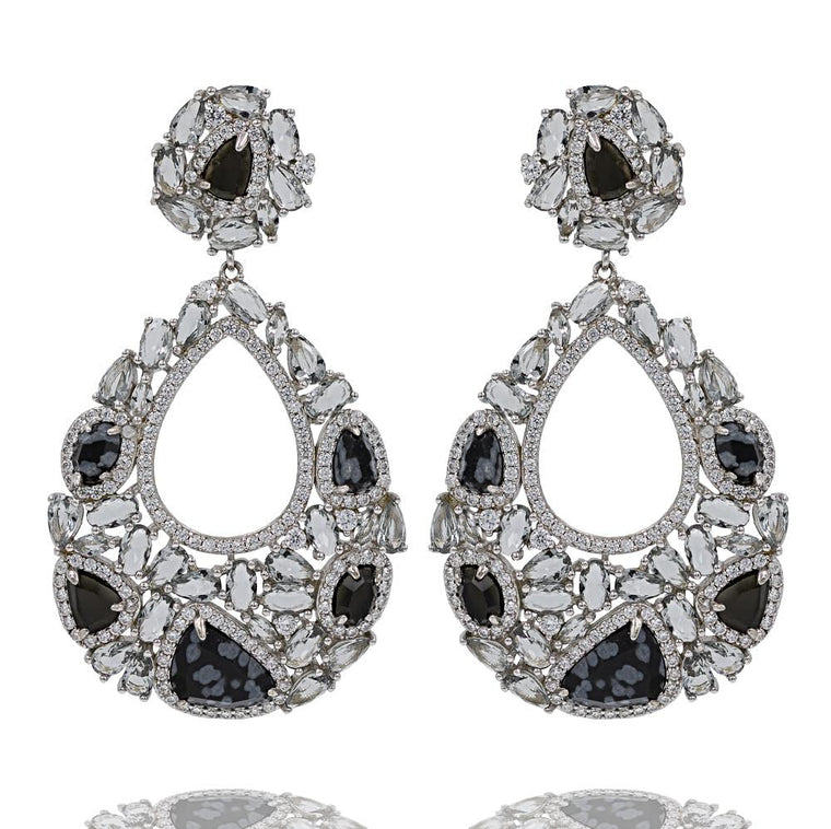 ER1944B STERLING SILVER 925 RHODIUM PLATED SNOWFLAKES AGATE DROP EARRINGS