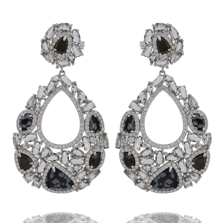 ER1944B STERLING SILVER 925 RHODIUM PLATED SNOWFLAKES AGATE DROP EARRINGS