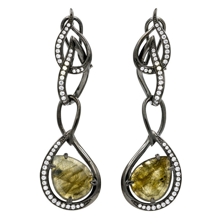 ER1945G-B STERLING SILVER 925 BLACK RHODIUM PLATED LABRADORITE DROP CZ EARRINGS