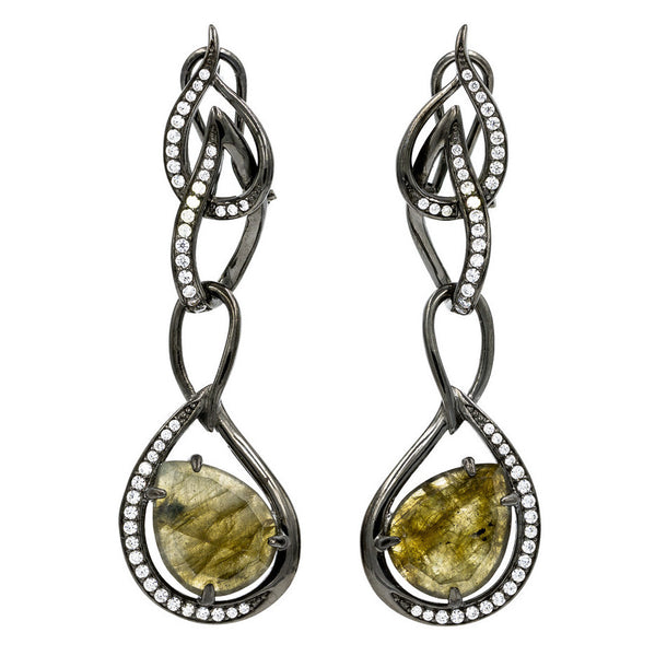 ER1945G-B STERLING SILVER 925 BLACK RHODIUM PLATED LABRADORITE DROP CZ EARRINGS