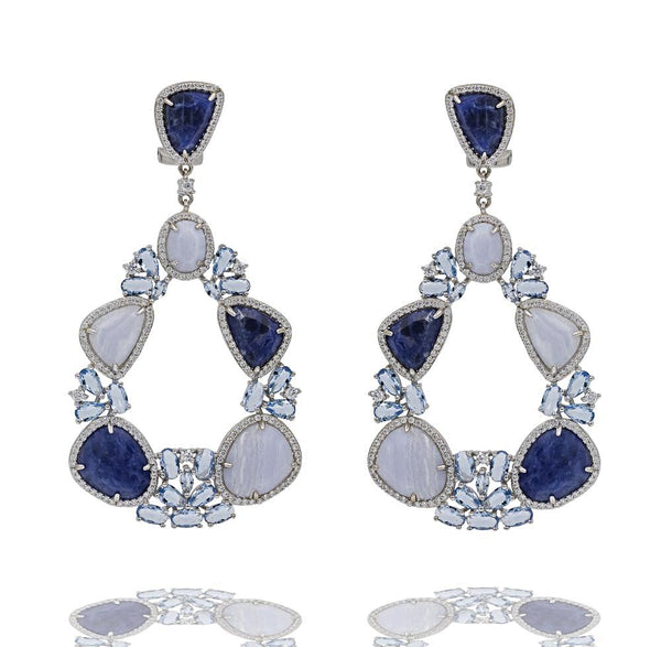 ER1955NT STERLING SILVER 925 RHODIUM PLATED FINISH SODALITE AND LACE BLUE AGATE FANCY DROP EARRINGS