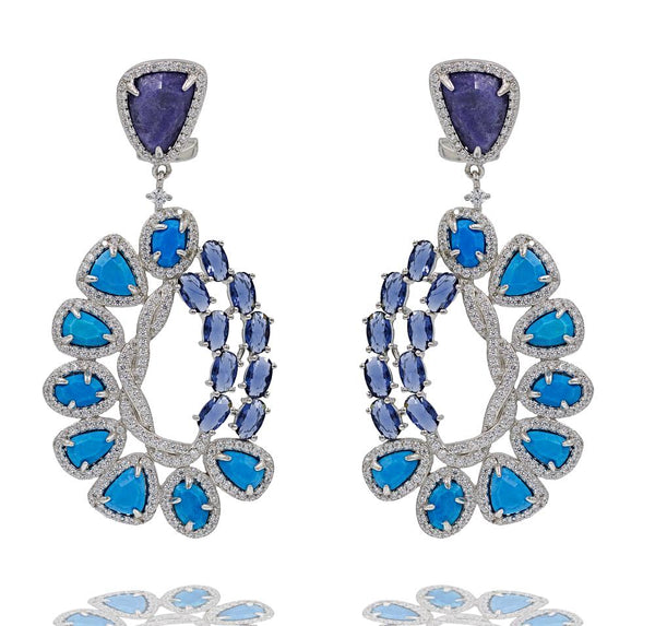 ER1956DN STERLING SILVER 925 RHODIUM PLATED FINISH SODALITE AND TURQUOISE FANCY DROP EARRINGS