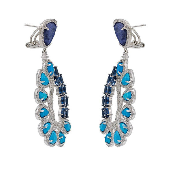 ER1956DN STERLING SILVER 925 RHODIUM PLATED FINISH SODALITE AND TURQUOISE FANCY DROP EARRINGS