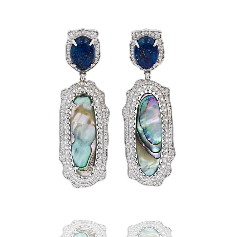 ER2011B STERLING SILVER 925 RHODIUM PLATED FINISH LAPIS LAZULI ABALONE DROP FANCY EARRINGS