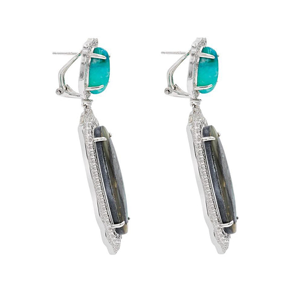 ER2011M STERLING SILVER 925 RHODIUM PLATED AMAZONITE ABALONE DROP FANCY EARRINGS